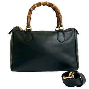 GUCCI Old Gucci Bamboo Leather 2-Way Handbag/Shoulder Bag, Black, 39214
